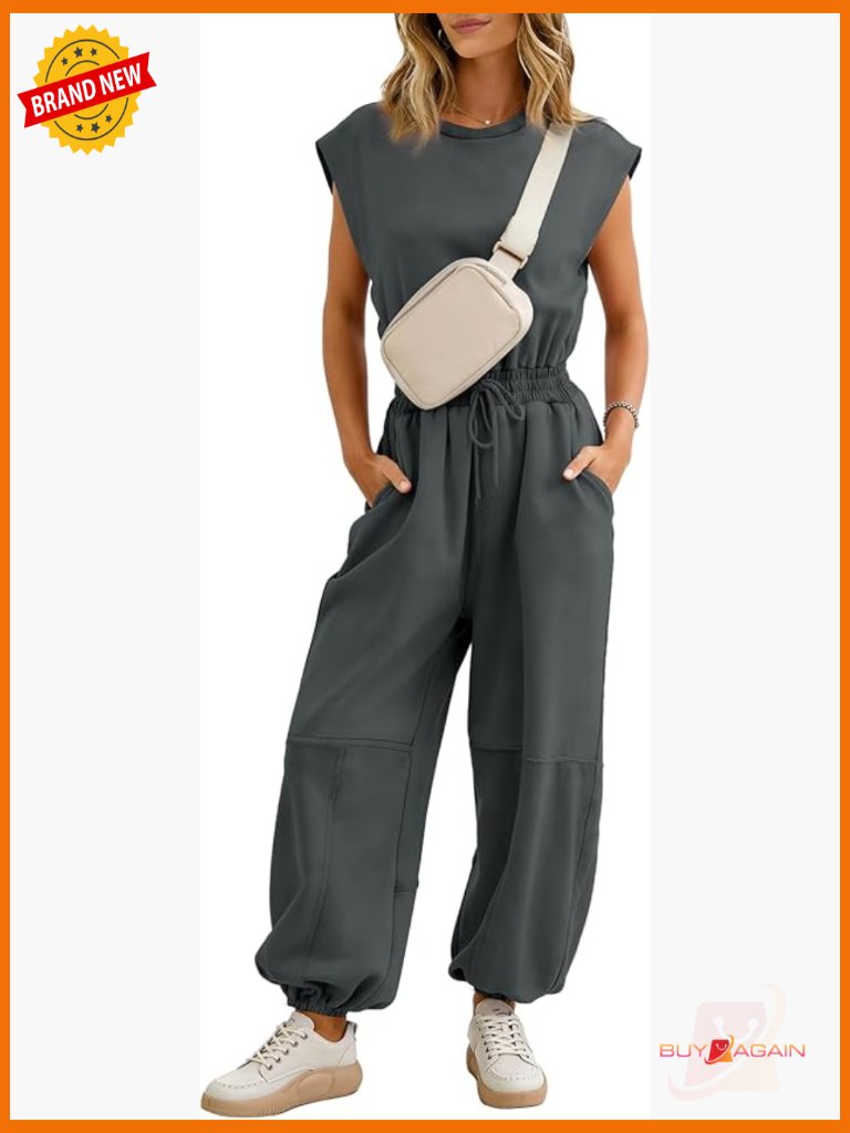 Crewneck Cap Sleeve Wide Leg Jumpsuit With Pockets